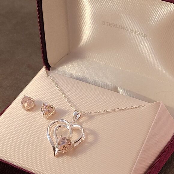 Sterling Openwork Pink Heart CZ  Necklace & Stud Earrings Set - Ne… - Picture 3 of 7